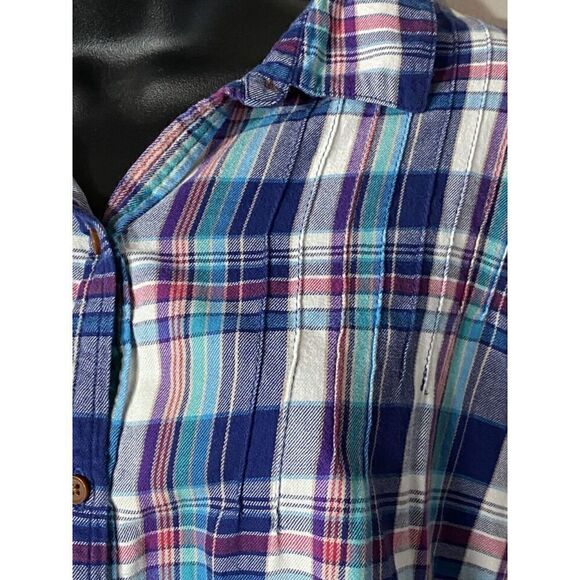 Birds of Paradis by Trovata Shirt Womens L Blue Plaid Roll Tab Sleeve Button Up - Picture 7 of 7